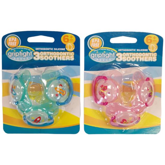 £2.99 Griptight - 3 Orthodontic Baby Soothers 6M+ (6)